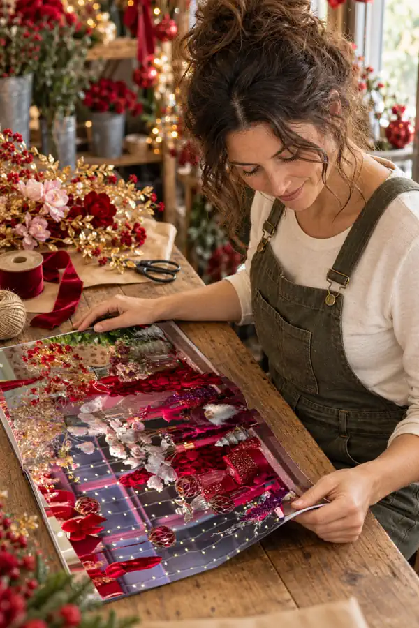 Una fioraia in salopette al banco di lavoro sfoglia il catalogo Christmas Inspiration 2026, aperto su un'ambientazione rossa dello showroom, tra fiori, nastro di velluto e spago.