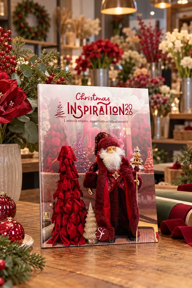 Il catalogo Christmas Inspiration 2026 in piedi sul banco in legno di una fioreria, con in copertina un Babbo Natale in velluto bordeaux, fra fiori rossi, sfere e rotoli di velluto