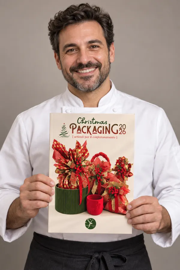 Un pasticcere in giacca bianca mostra la copertina del catalogo Christmas Packaging 2026