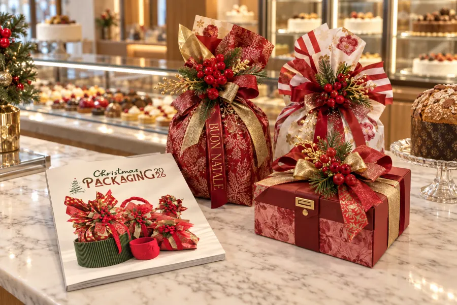 Il catalogo Christmas Packaging 2026 sul bancone in marmo di una pasticceria, accanto a un panettone incartato con il nastro Buon Natale, un sacchetto a righe e una scatola regalo rossa